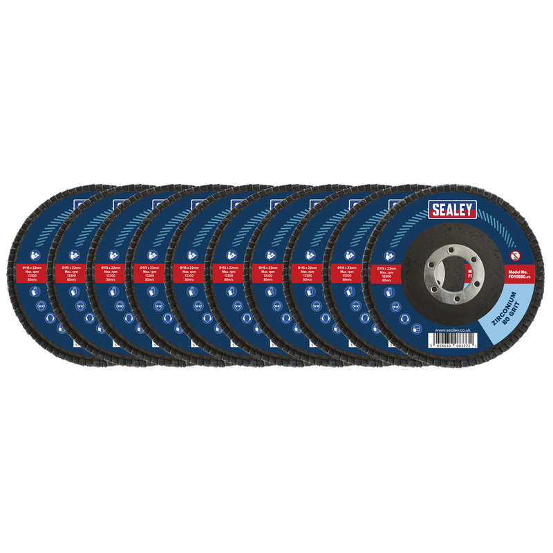 Sealey FD1158010 80Grit Flap Discs Zirconium 115mm 22mm Bore - Pack of 10
