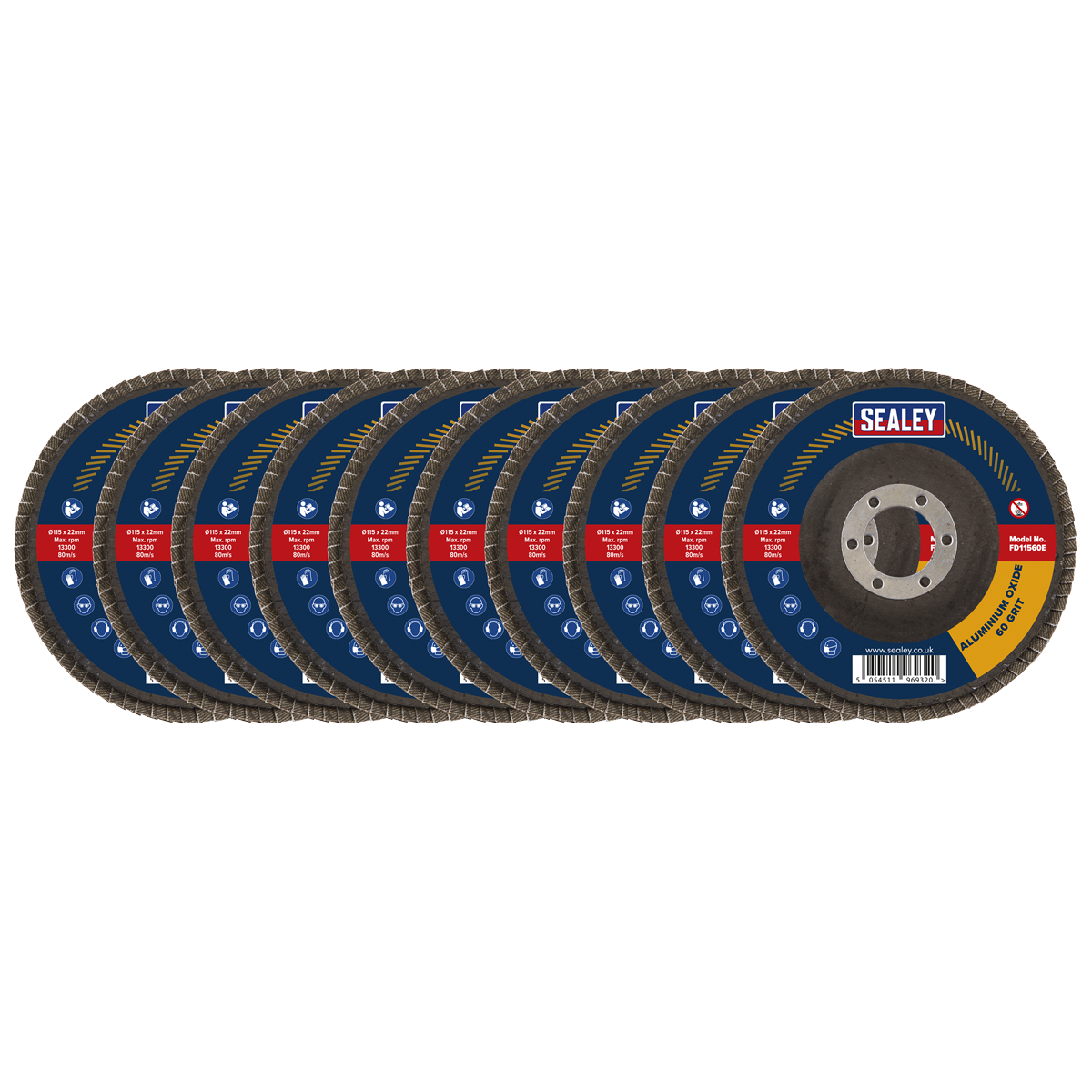 Sealey FD115EMIX 115mm Aluminium Oxide Flap Discs 22mm Bore - Assorted Grit - Pack of 10