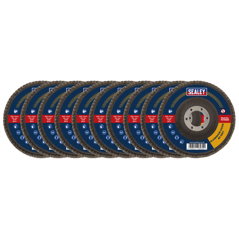 Sealey FD115EMIX 115mm Aluminium Oxide Flap Discs 22mm Bore - Assorted Grit - Pack of 10