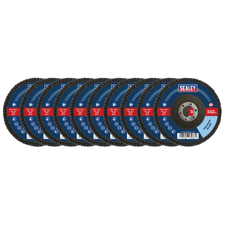 Sealey FD115MIX 115mm Zirconium Flap Discs 22mm Bore - Assorted Grit - Pack of 10