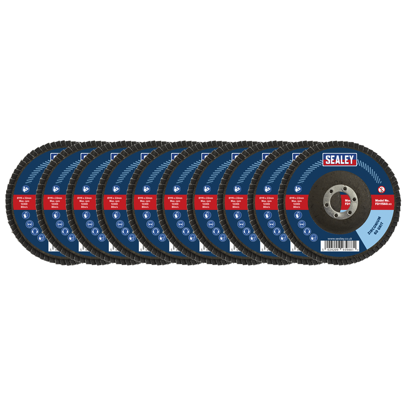 Sealey FD115MIX 115mm Zirconium Flap Discs 22mm Bore - Assorted Grit - Pack of 10