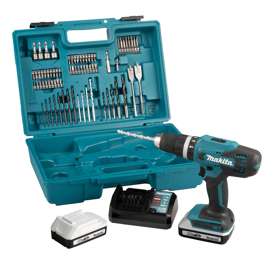Makita HP488DAEX1 18v Lithium Combi Hammer Drill 2x 2Ah - 74 Screwdriver Bit Set