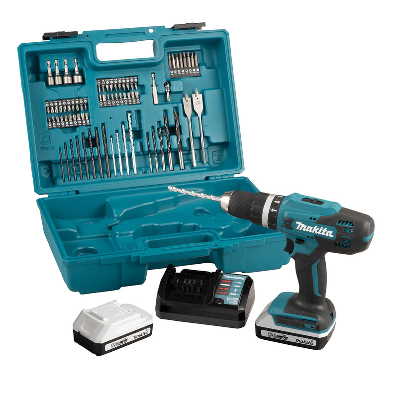 Makita HP488DAEX1 18v Lithium Combi Hammer Drill 2x 2Ah - 74 Screwdriver Bit Set