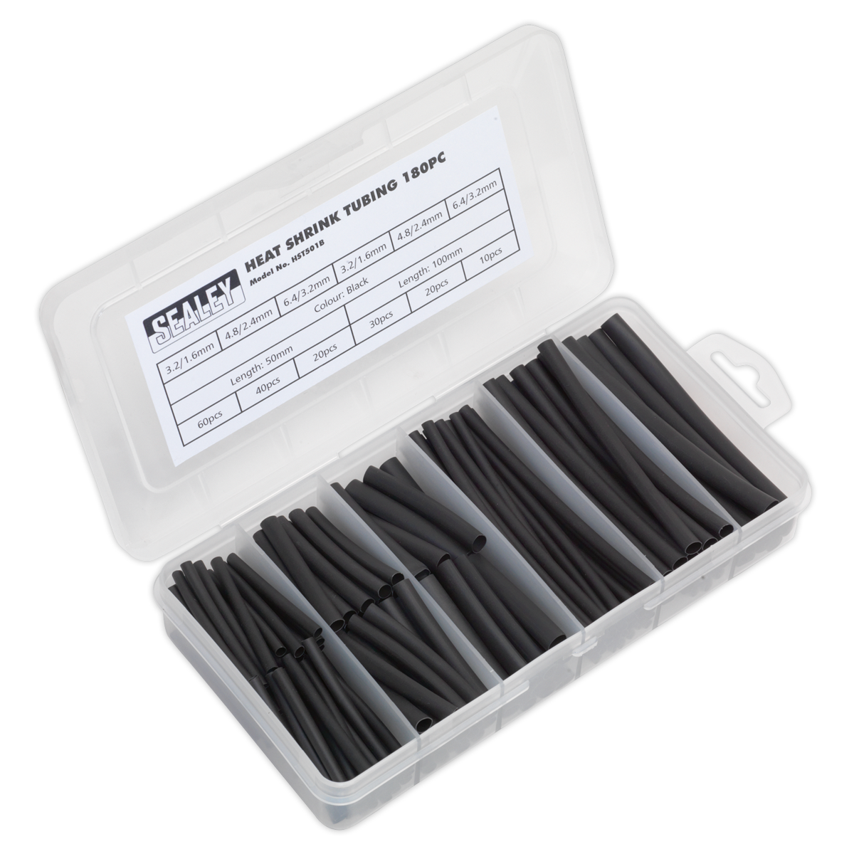 Sealey HST501B 180pc 50 & 100mm Heat Shrink Tubing Assortment - Black
