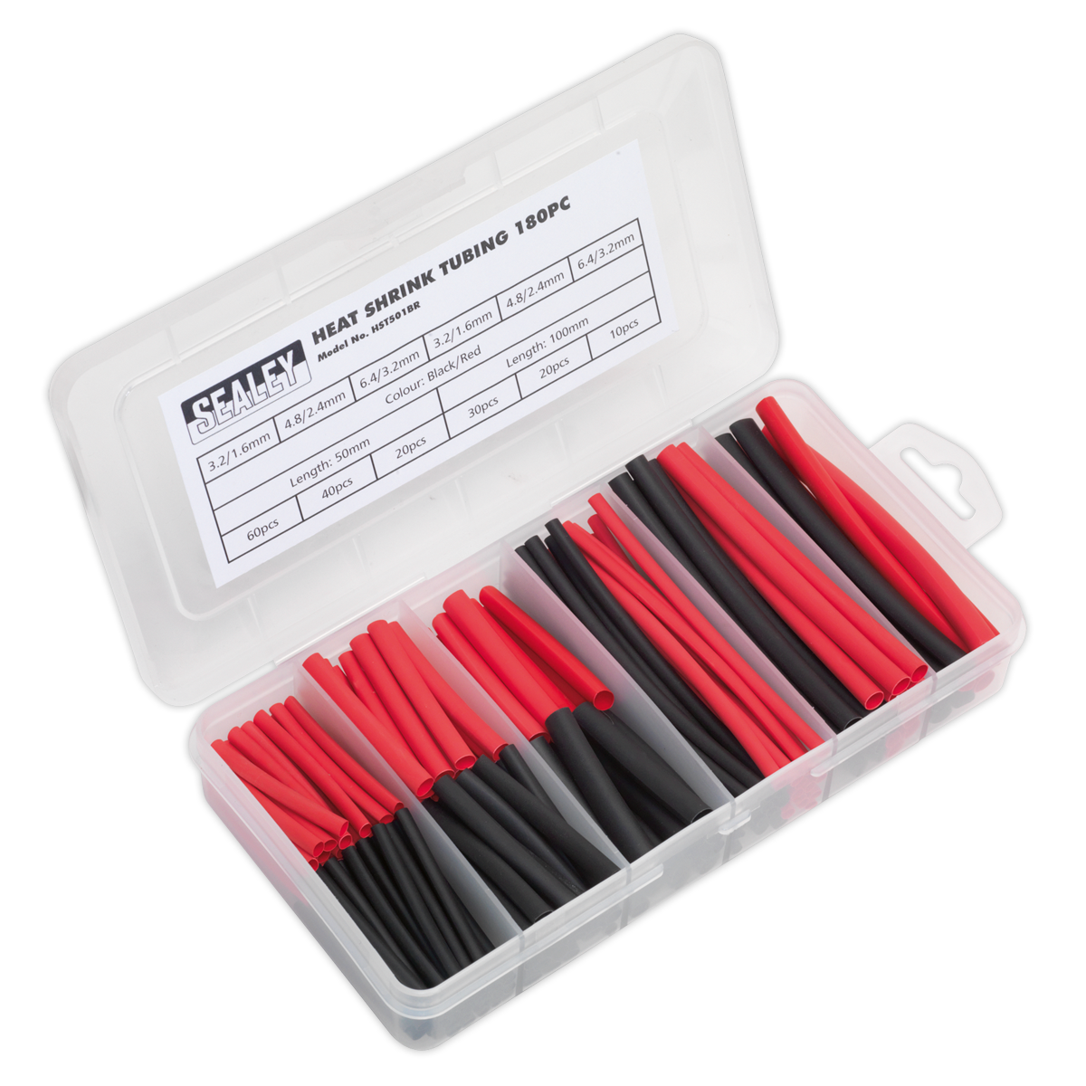 Sealey HST501BR 180pc 50 & 100mm Heat Shrink Tubing Assortment - Black & Red