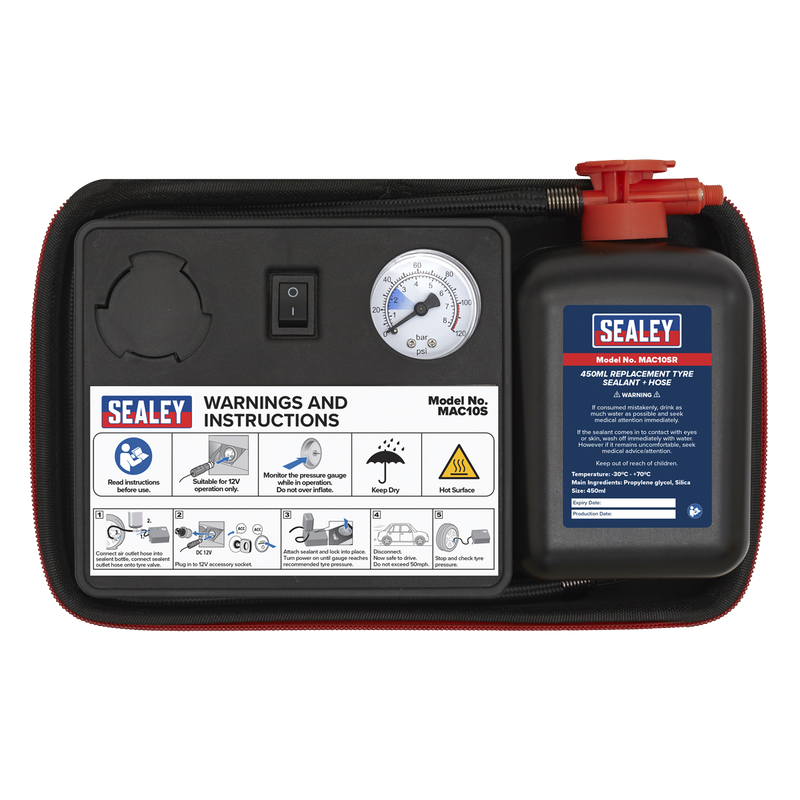 Sealey MAC10S 12V Tyre Inflator & Emergency Puncture Sealant Kit