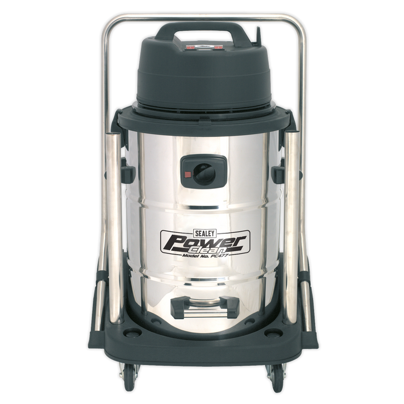 Sealey PC477 77L Wet & Dry Industrial Vacuum Cleaner 2400W Stainless Steel Drum with Swivel Emptying