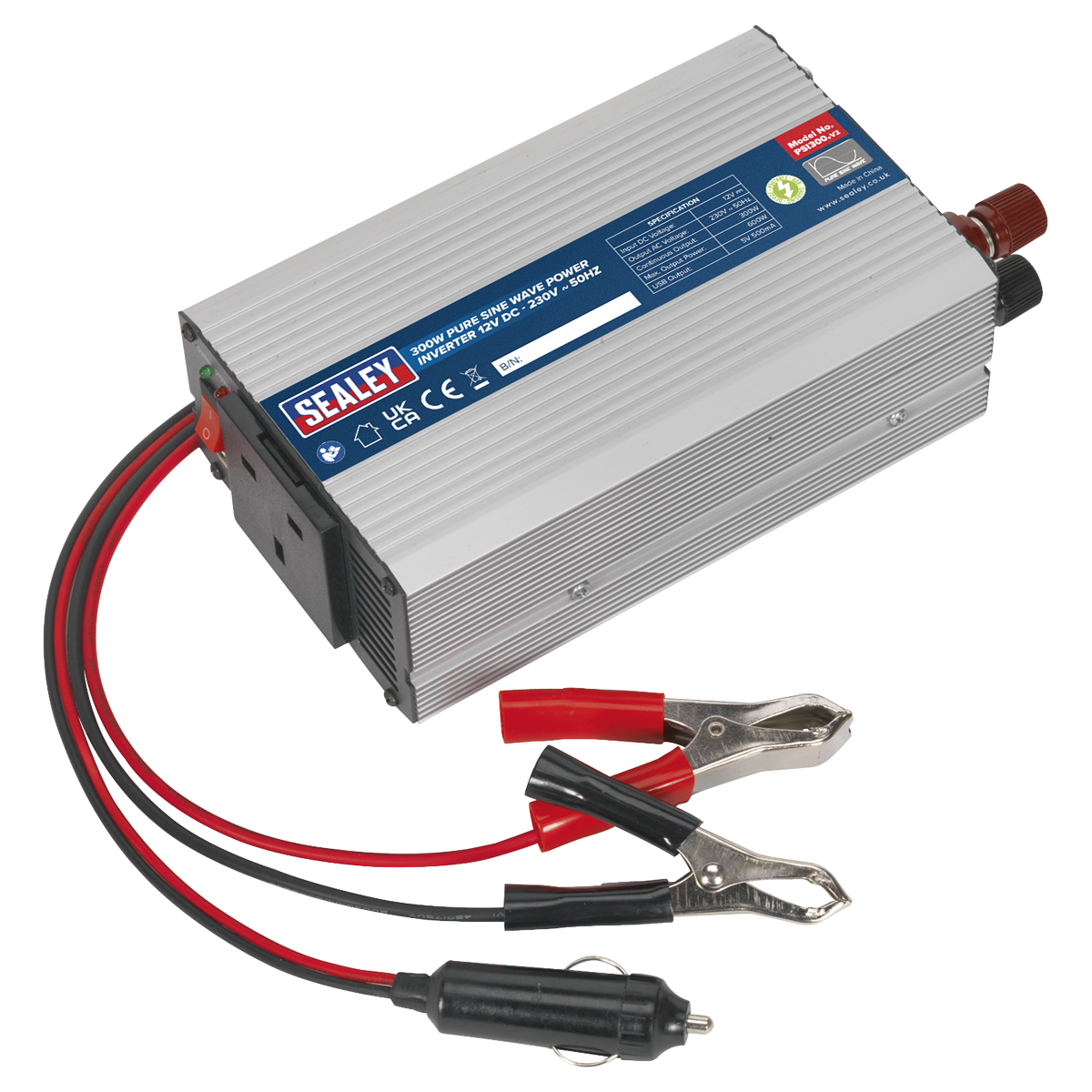 Sealey PSI300 300W Pure Sine Wave Power Inverter 12V DC - 230V ~ 50Hz