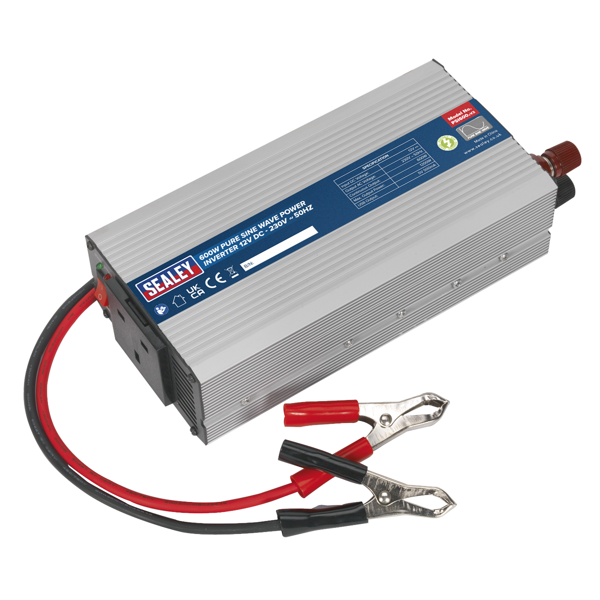 Sealey PSI600 600W Pure Sine Wave Power Inverter 12V DC - 230V ~ 50Hz
