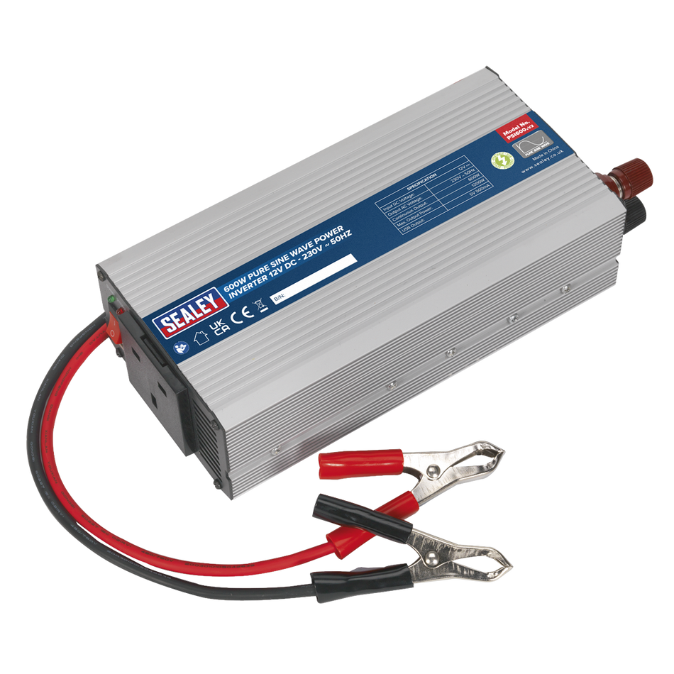 Sealey PSI600 600W Pure Sine Wave Power Inverter 12V DC - 230V ~ 50Hz