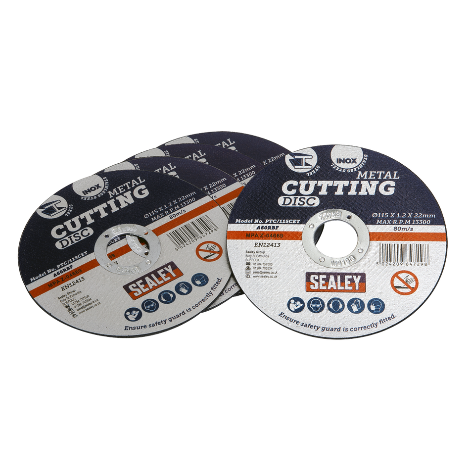 Sealey PTC/115CET5 115 x 1.2mm Cutting Disc 22mm Bore - Pack of 5