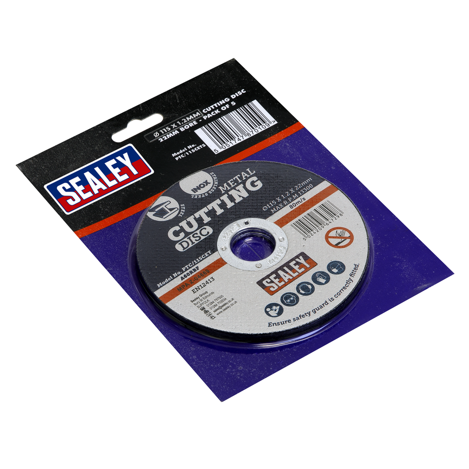 Sealey PTC/115CET5 115 x 1.2mm Cutting Disc 22mm Bore - Pack of 5