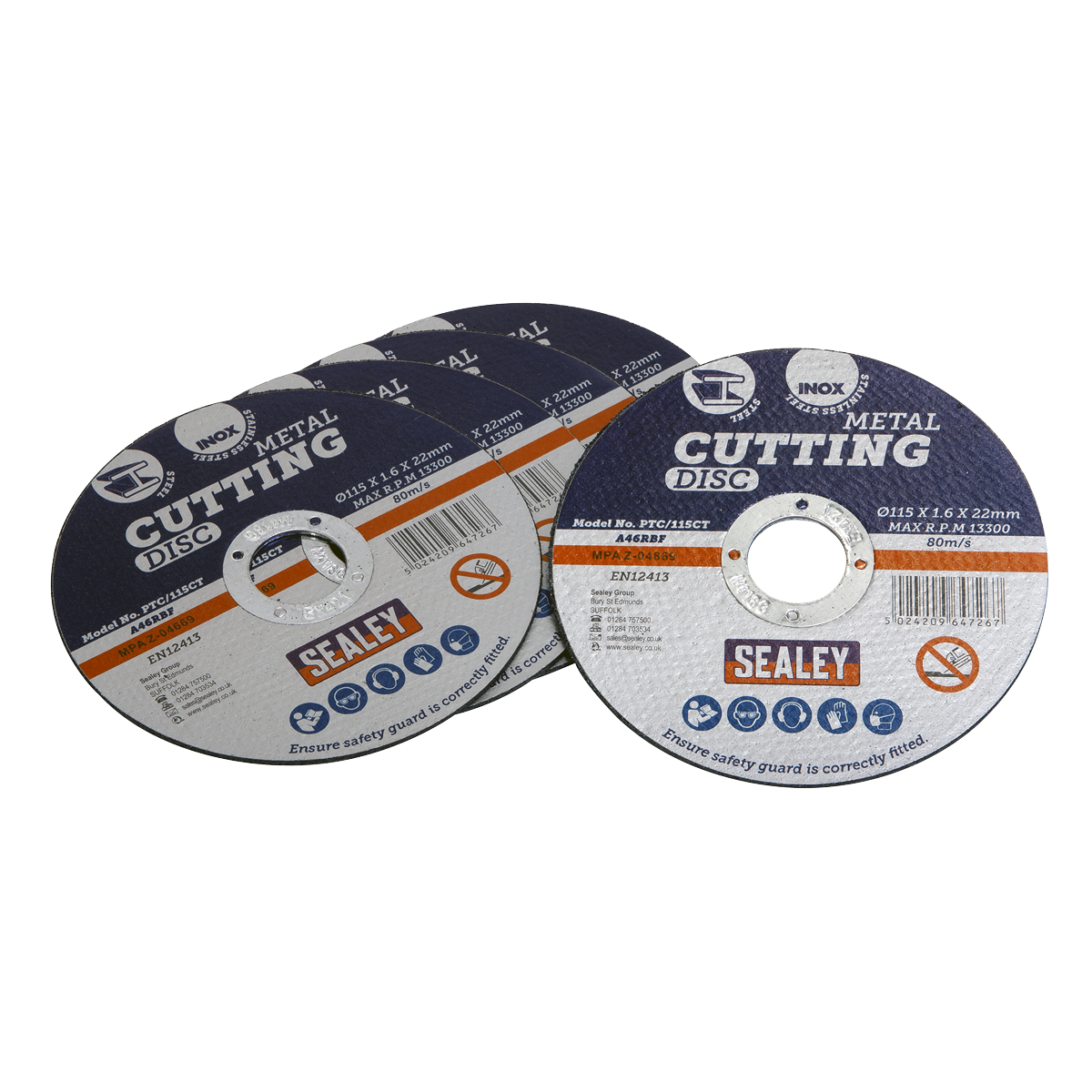 Sealey PTC/115CT5 115 x 1.6mm Cutting Disc 22mm Bore - Pack of 5
