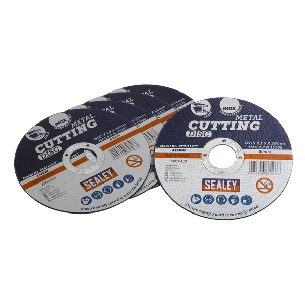 Sealey PTC/115CT5 115 x 1.6mm Cutting Disc 22mm Bore - Pack of 5