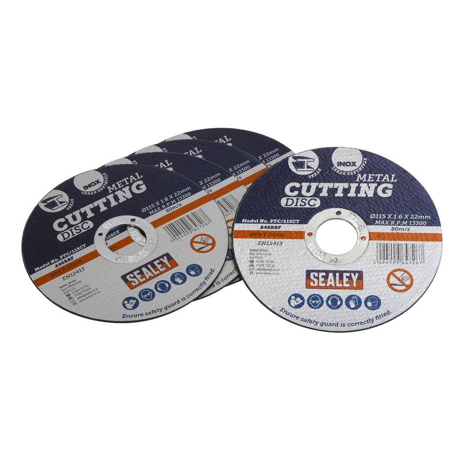 Sealey PTC/115CT5 115 x 1.6mm Cutting Disc 22mm Bore - Pack of 5