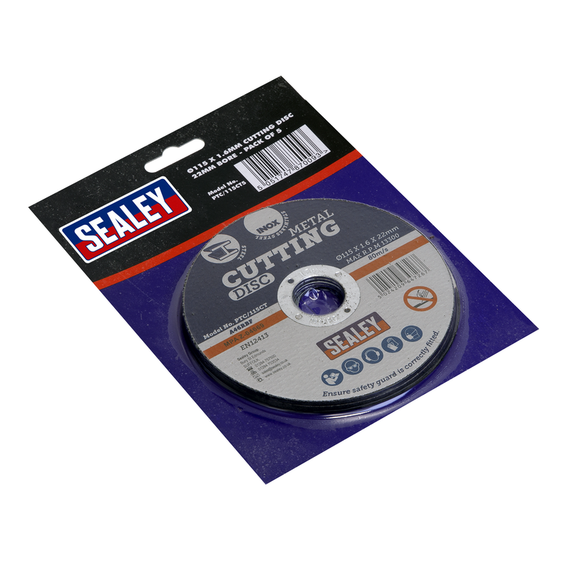 Sealey PTC/115CT5 115 x 1.6mm Cutting Disc 22mm Bore - Pack of 5