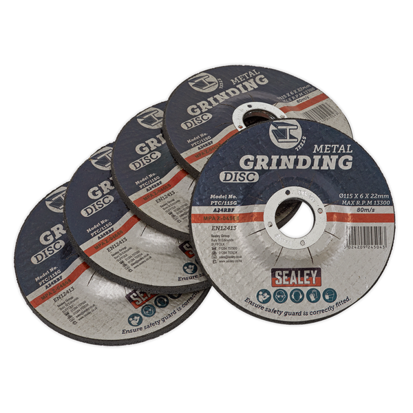 Sealey PTC/115G5 115 x 6mm Grinding Disc 22mm Bore - Pack of 5