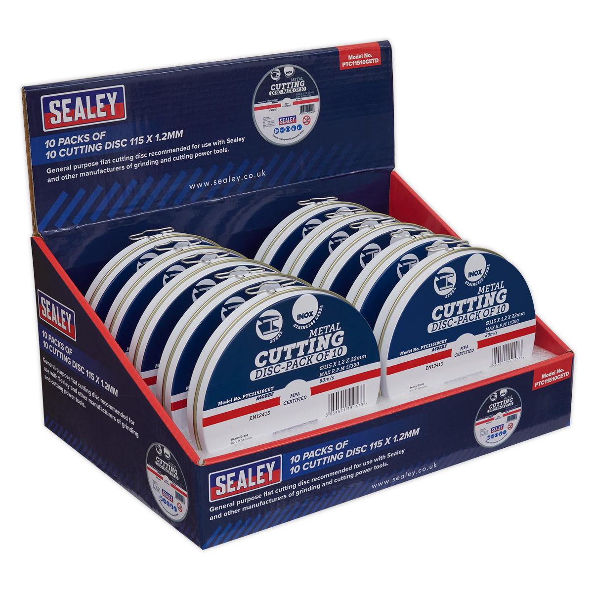 Sealey PTC11510CETD 115 x 1.2mm Metal Cutting Discs - Display Box 10 Packs of 10