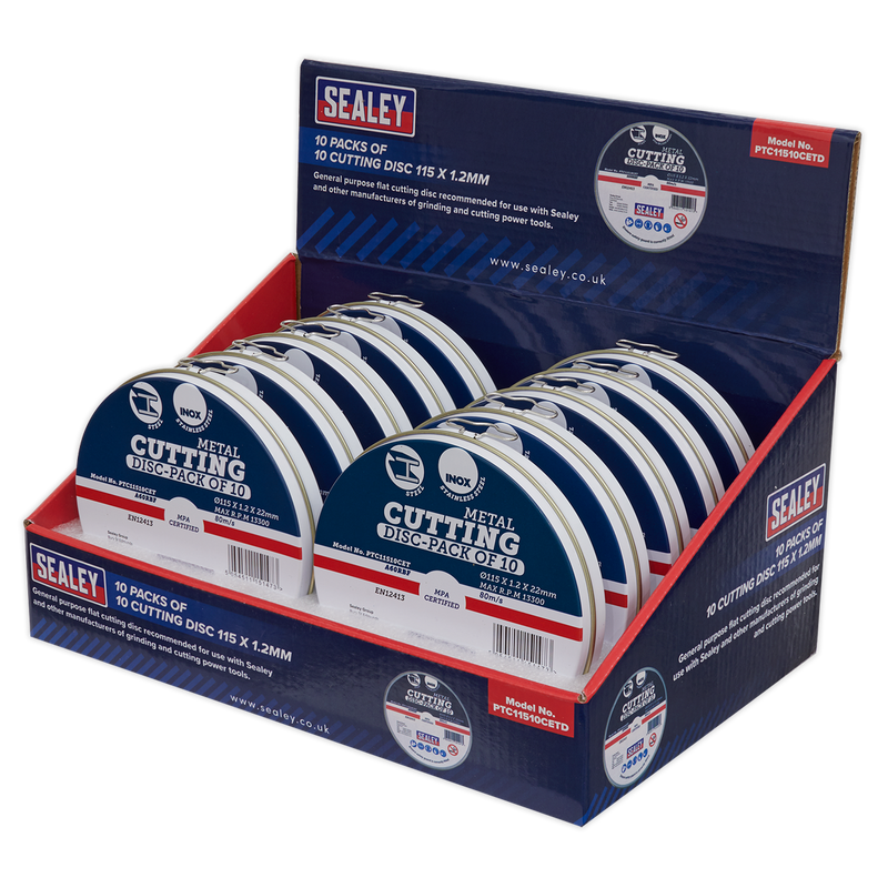 Sealey PTC11510CETD 115 x 1.2mm Metal Cutting Discs - Display Box 10 Packs of 10