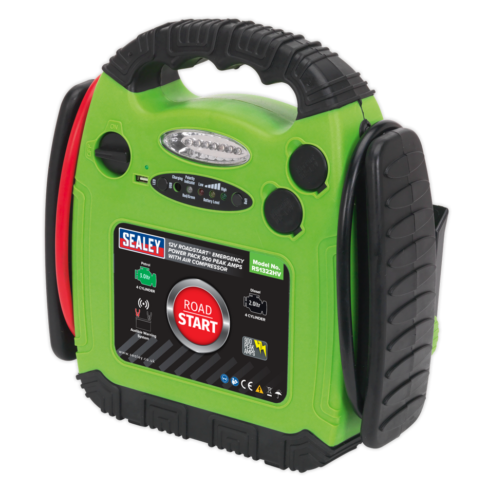 Sealey RS1322HV 900A 12V RoadStart Emergency Jump Starter - Hi-Vis with Air Compressor