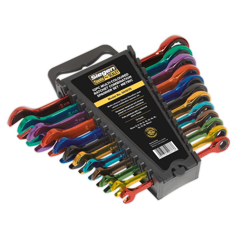 Sealey S01075 12pc Multi-Coloured Combination Ratchet Spanner Set