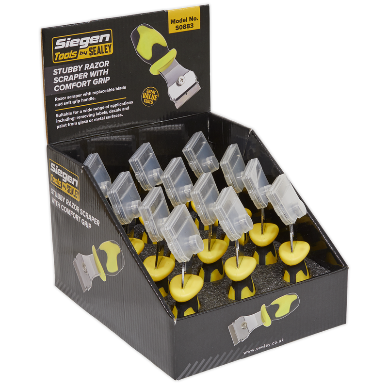 Sealey S0883 Stubby Razor Scraper with Comfort Grip - Display Box of 12
