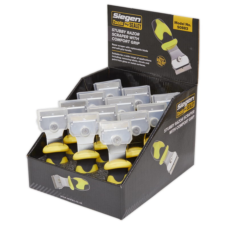 Sealey S0883 Stubby Razor Scraper with Comfort Grip - Display Box of 12