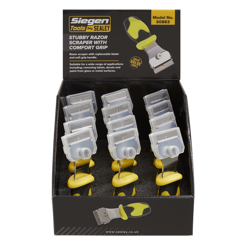 Sealey S0883 Stubby Razor Scraper with Comfort Grip - Display Box of 12