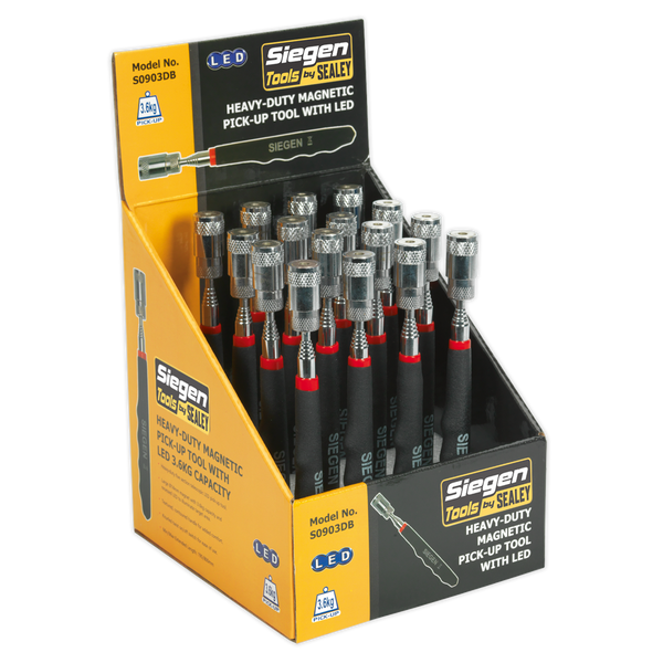 Sealey S0903DB Heavy-Duty Magnetic Pick-Up Tool with LED - 3.6kg Capacity - Display Box of 16