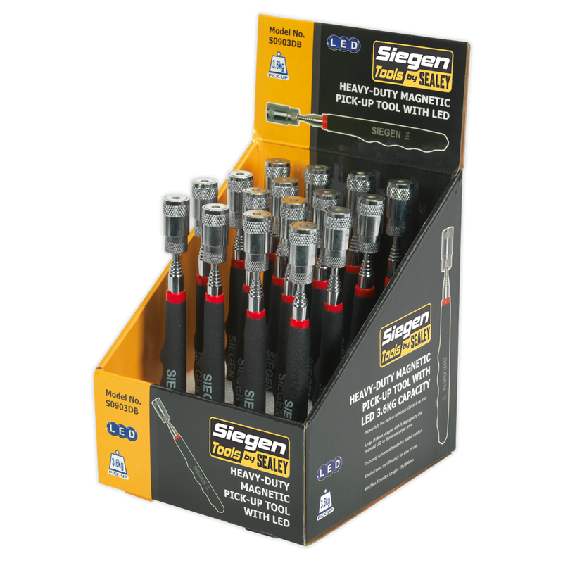 Sealey S0903DB Heavy-Duty Magnetic Pick-Up Tool with LED - 3.6kg Capacity - Display Box of 16