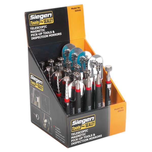 Sealey S0946 Telescopic Magnetic Pick-Up Tools & Inspection Mirrors - Display Box of 20