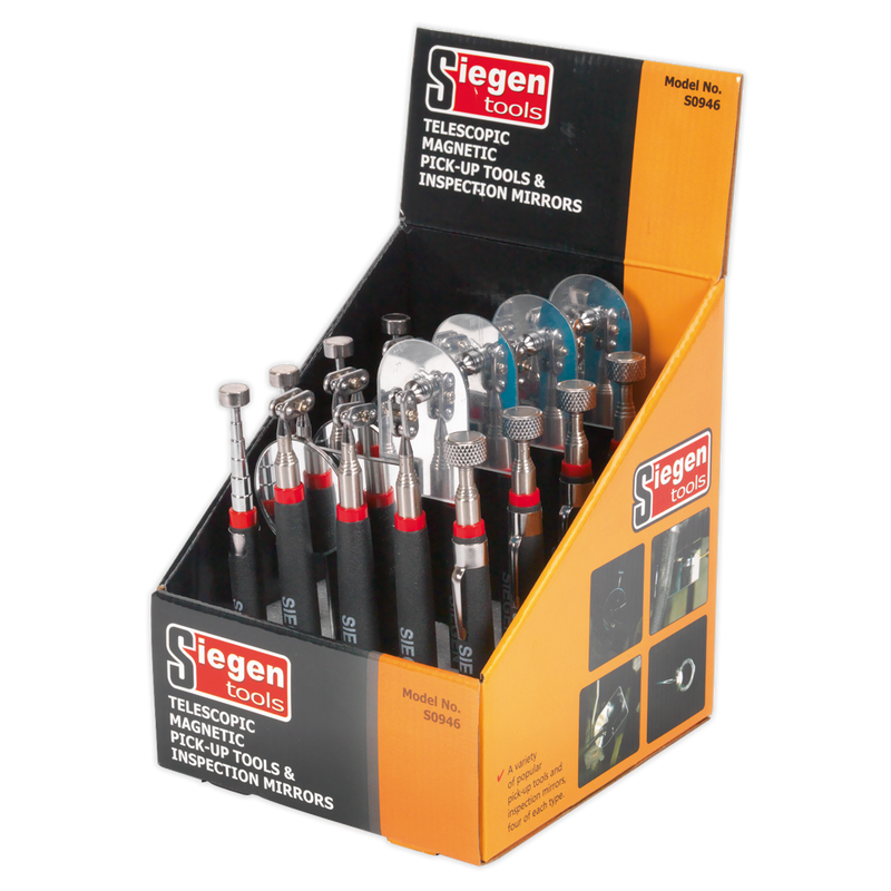 Sealey S0946 Telescopic Magnetic Pick-Up Tools & Inspection Mirrors - Display Box of 20