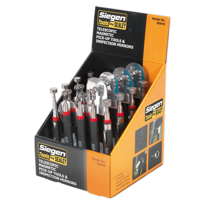 Sealey S0946 Telescopic Magnetic Pick-Up Tools & Inspection Mirrors - Display Box of 20