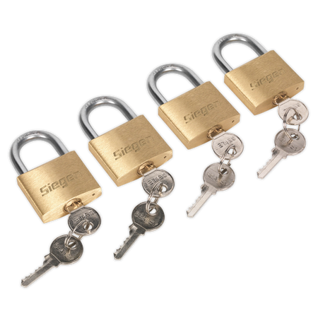 Sealey S0992 Brass Body Padlock with Brass Cylinder Keyed Alike - Pack of 4