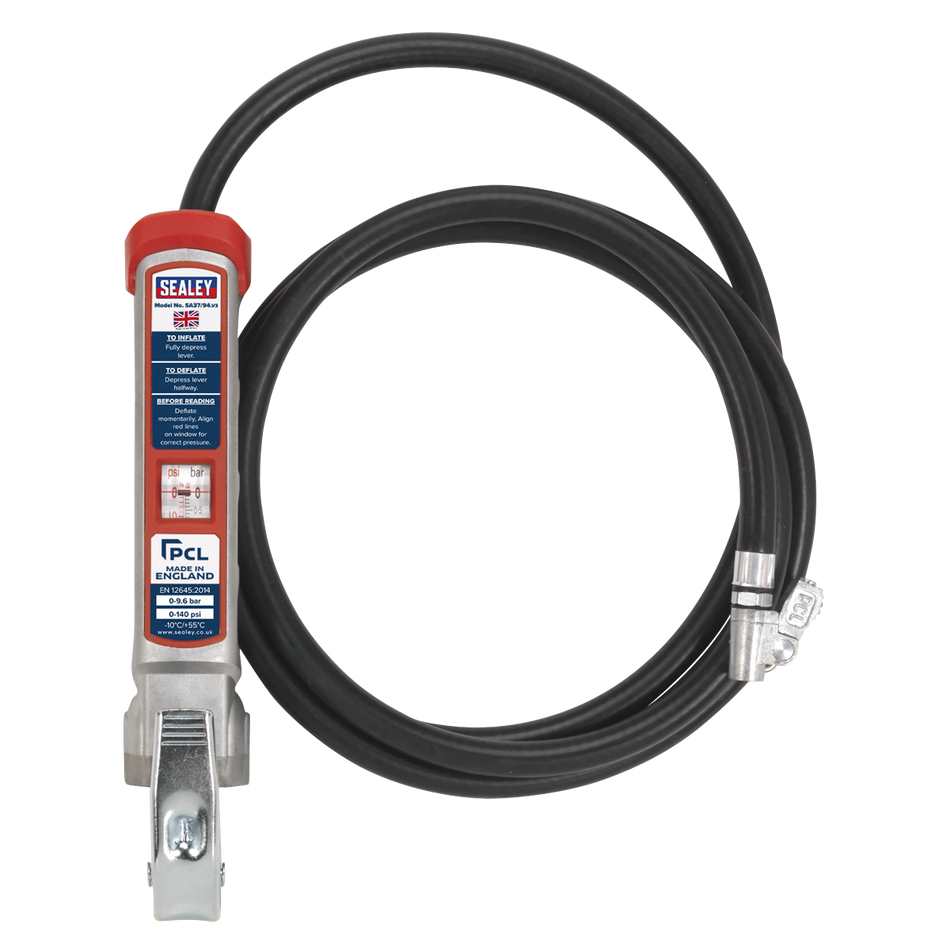 Sealey SA37/94 Professional Tyre Inflator with 2.5m Hose & Clip-On Connector