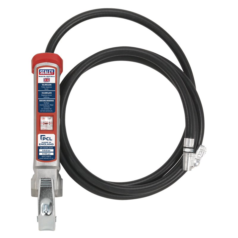 Sealey SA37/94 Professional Tyre Inflator with 2.5m Hose & Clip-On Connector