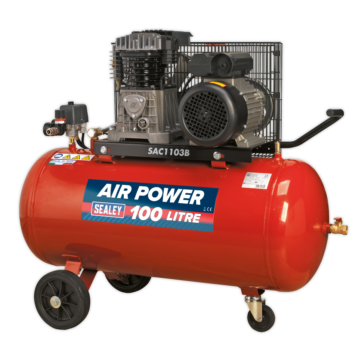 Sealey SAC1103B 100L Belt Drive Air Compressor 3hp with Cast Cylinders & Wheels
