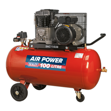 Sealey SAC1103B 100L Belt Drive Air Compressor 3hp with Cast Cylinders & Wheels