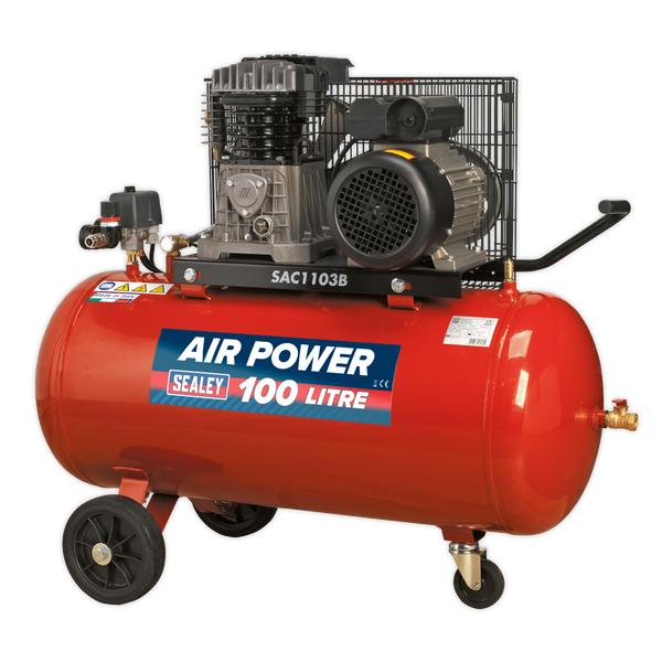 Sealey SAC1103B 100L Belt Drive Air Compressor 3hp with Cast Cylinders & Wheels