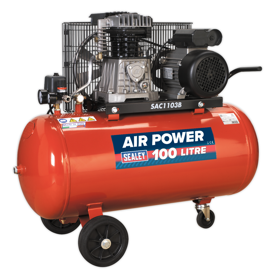 Sealey SAC1103B 100L Belt Drive Air Compressor 3hp with Cast Cylinders & Wheels