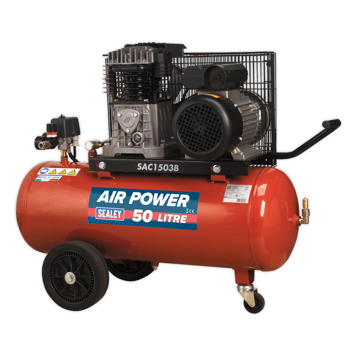 Sealey SAC1503B 50L Belt Drive Air Compressor 3hp with Cast Cylinders & Wheels