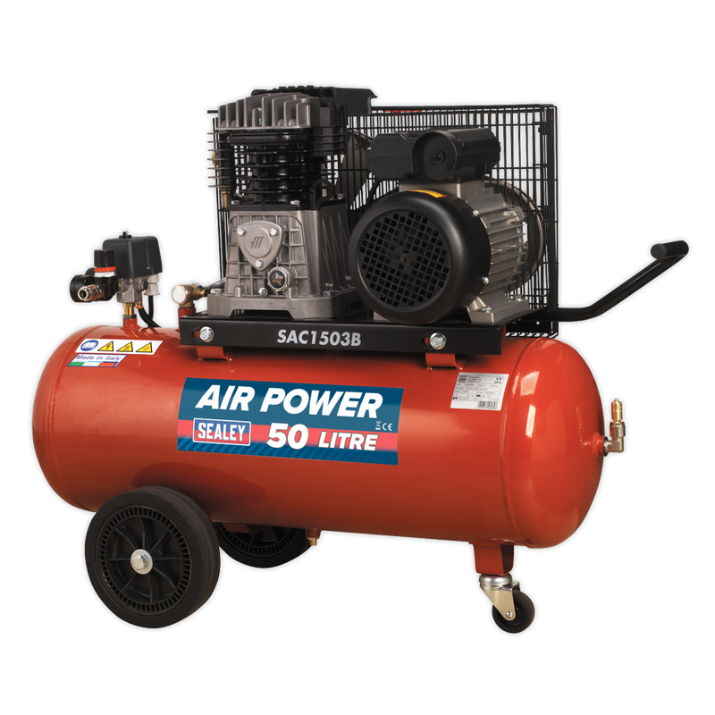 Sealey SAC1503B 50L Belt Drive Air Compressor 3hp with Cast Cylinders & Wheels