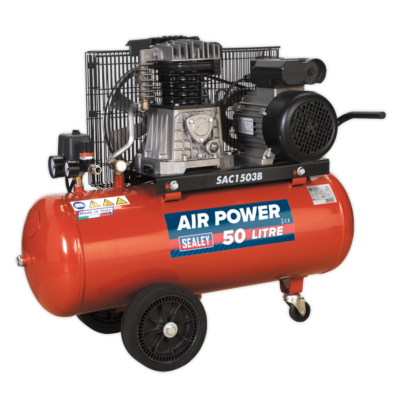 Sealey SAC1503B 50L Belt Drive Air Compressor 3hp with Cast Cylinders & Wheels