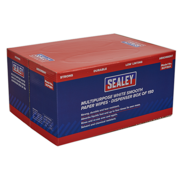 Sealey SCP1501 73gsm Multipurpose Paper Wipes in Dispenser Box - Smooth White - 150 Sheets