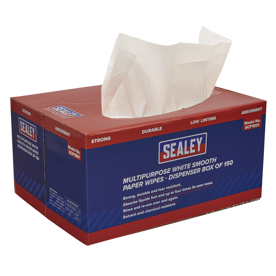 Sealey SCP1501 73gsm Multipurpose Paper Wipes in Dispenser Box - Smooth White - 150 Sheets