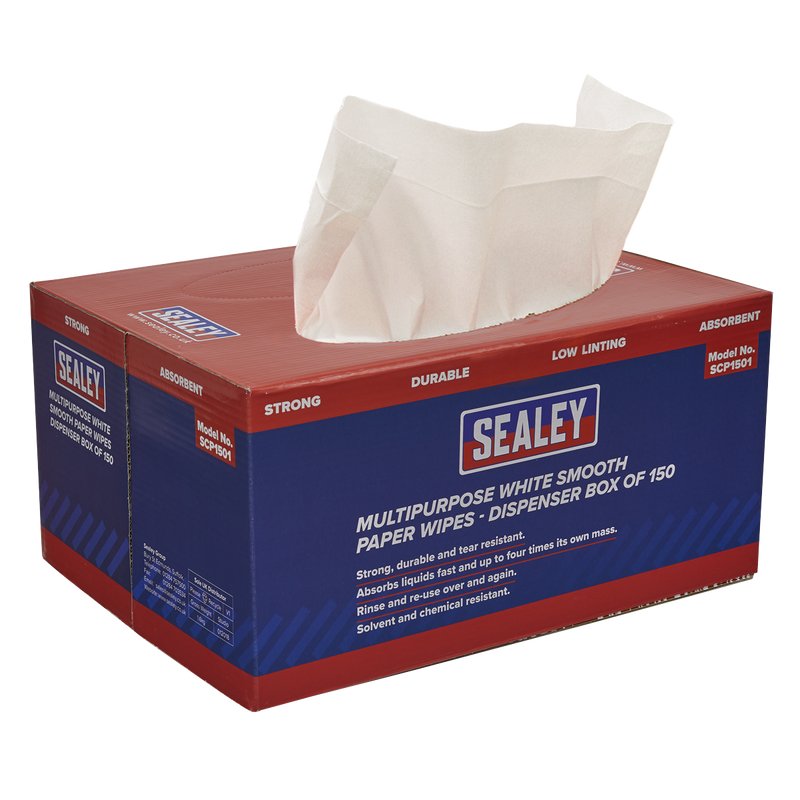 Sealey SCP1501 73gsm Multipurpose Paper Wipes in Dispenser Box - Smooth White - 150 Sheets