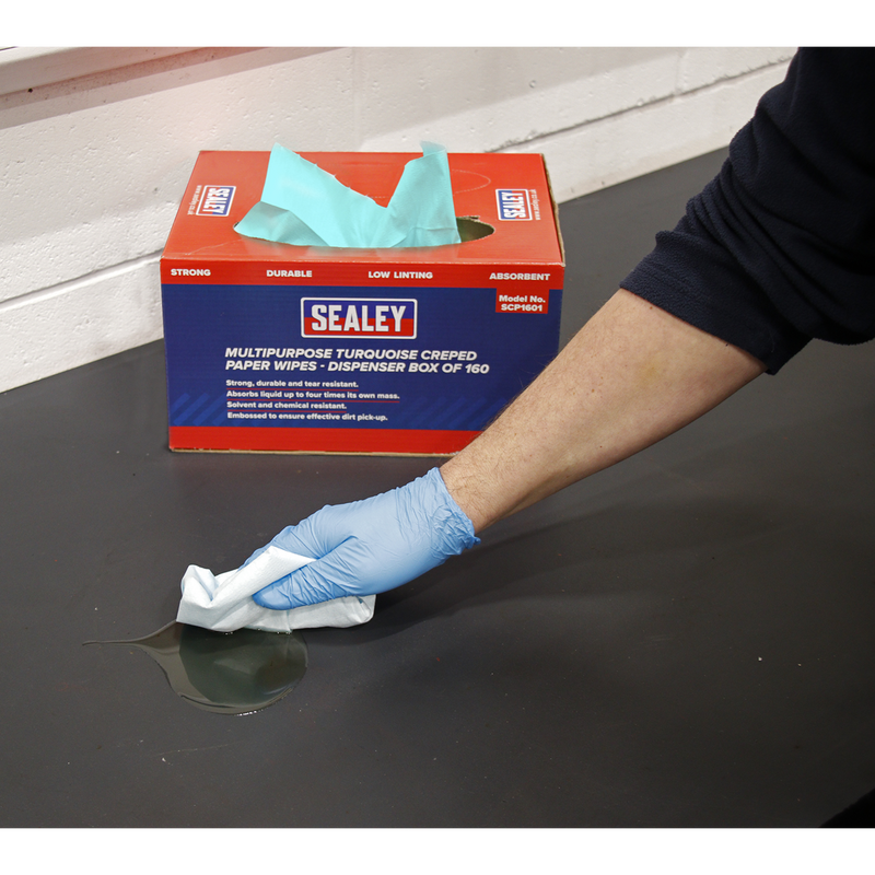 Sealey SCP1601 69gsm Multipurpose Paper Wipes in Dispenser Box - Creped Turquoise - 160 Sheets