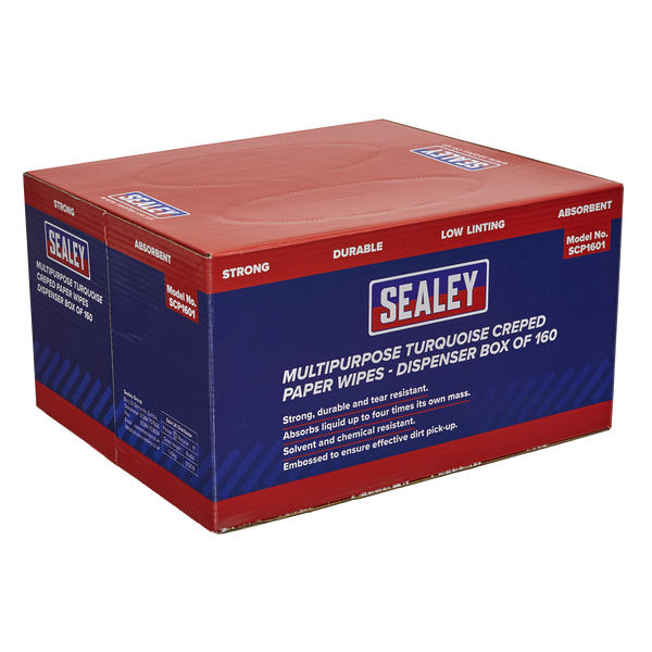 Sealey SCP1601 69gsm Multipurpose Paper Wipes in Dispenser Box - Creped Turquoise - 160 Sheets