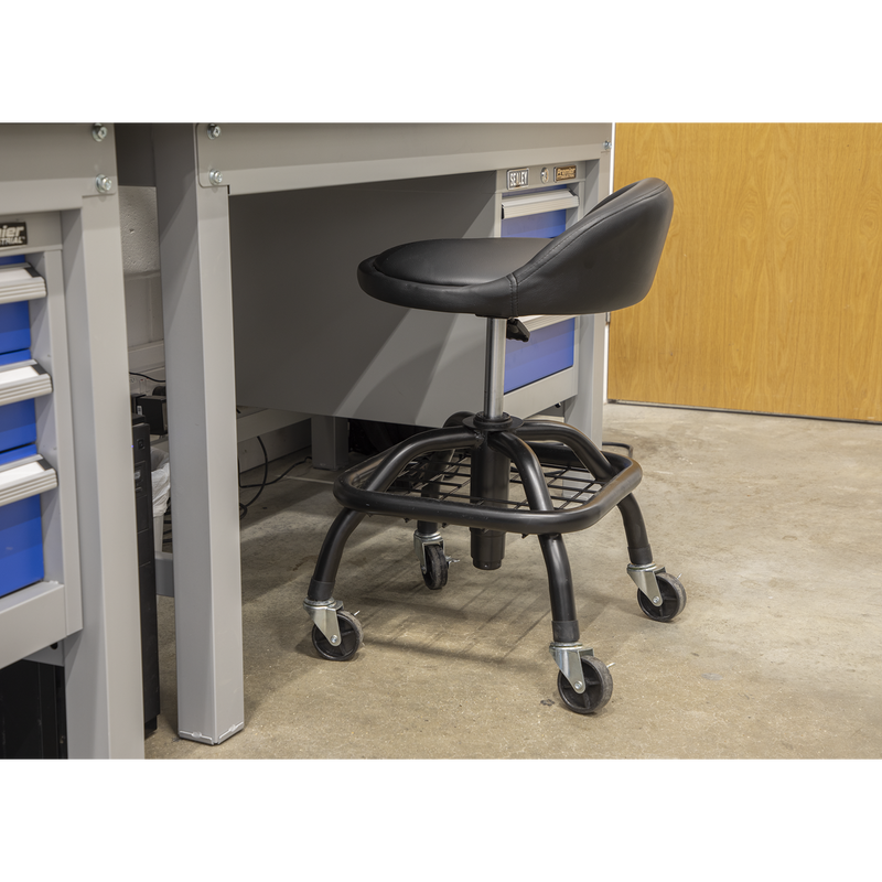 Sealey SCR02B Pneumatic Creeper Stool with Adjustable Height Swivel Seat & Back Rest