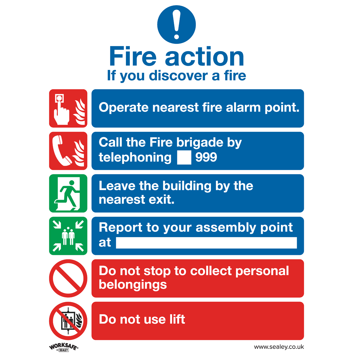 Sealey SS19P10 Fire Action With Lift - Safe Conditions Safety Sign - Rigid Plastic - Pack of 10